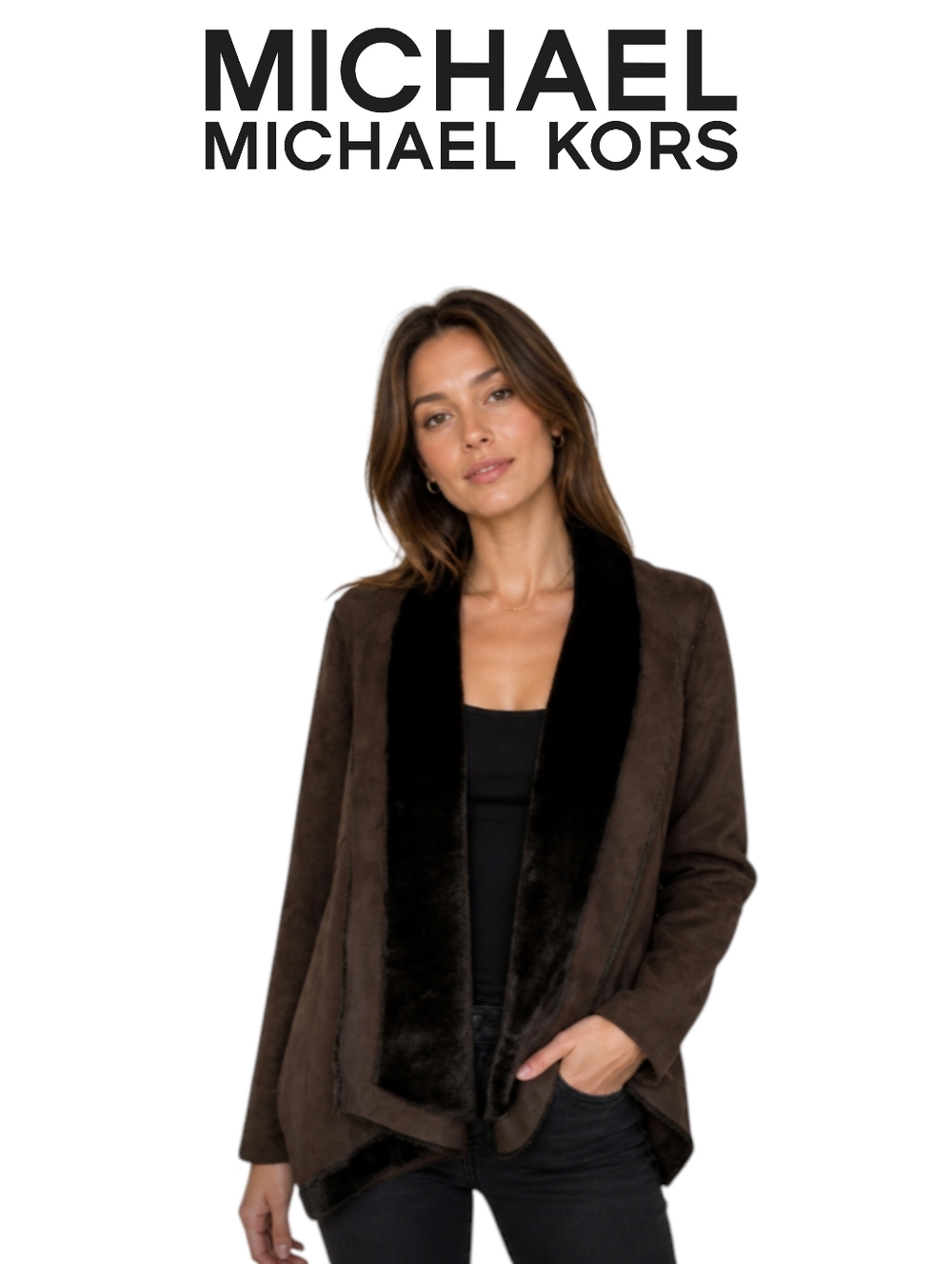 Vintage Michael Kors Women’s M Brown Faux Suede Sherling Open Front Swing Jacket